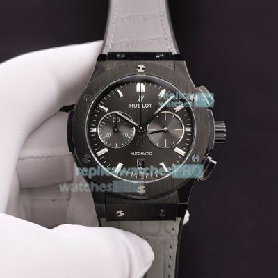 Swiss 7750 Hublot Black Classic Fusion Watch Grey Leather Strap For Man